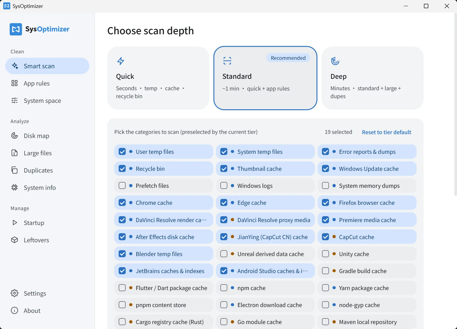SysOptimizer main window: choosing scan depth and cleanup categories